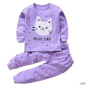 Baby Girl dress Miss cat Print Full sleeve long pant purple