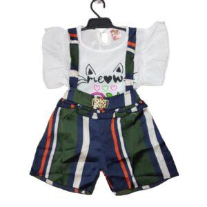 Girls Graphic Print Half sleeve with Suspender pant (Blue)