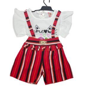 Girls Graphic Print Half sleeve with Suspender pant (Red)