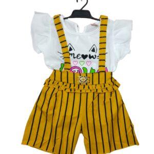 Girls Graphic Print Half sleeve with Suspender pant (Yellow)