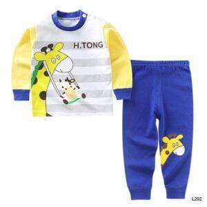 Baby boy dress Giraffe Print Full sleeve long pant Lite Yellow & Blue