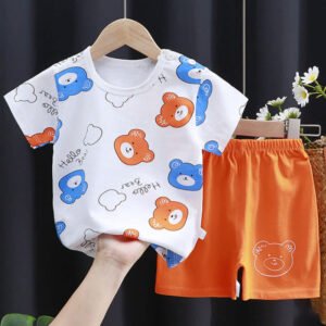 Baby boy dress Teddy Print Half sleeve half pant White & Orange