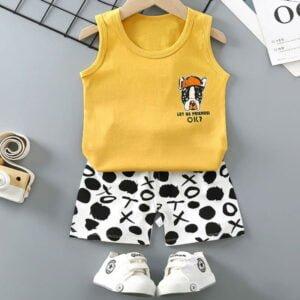 Baby boy dress Puppy Print sleeveless half pant Yellow