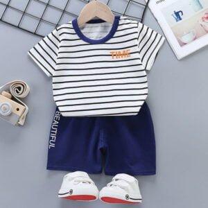 Baby boy dress Time Print Half sleeve half pant Stripped Blue