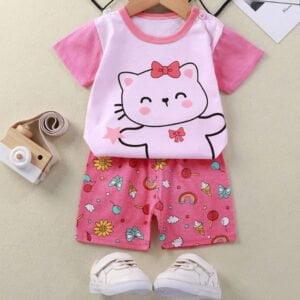 Baby Girl dress Cat Print Half sleeve half pant Pink