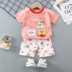 Boys Half sleeve Tees & short pants pink cat print